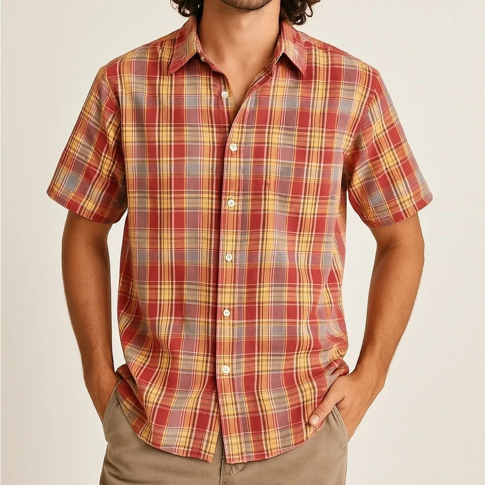 johnnie-O Hangin’ Out Mens M Pink Plaid Short Sleeve Button Down Shirt